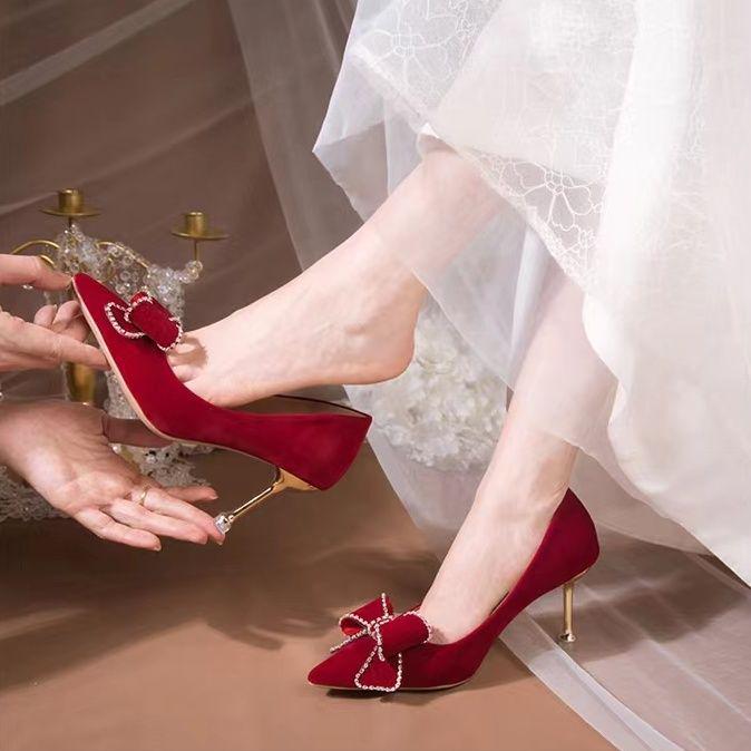 2025 Red Bridal High Heels: Autumn/Winter Women's Wedding Shoes, Chinese Style, Comfortable Xiu He Dress Shoes