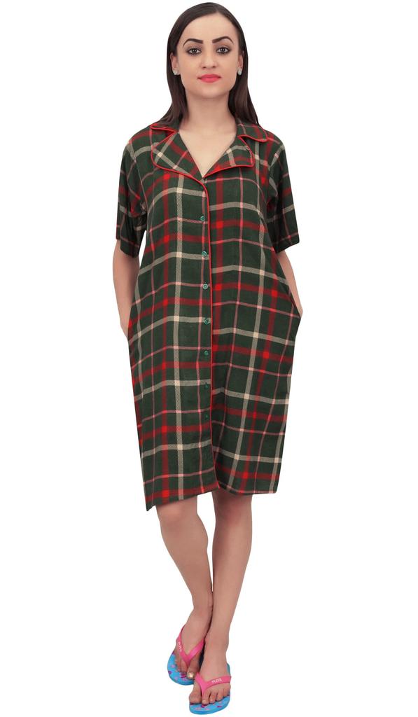 Bimba Olive Green Check Print Short Sleeve Women Shirt Night Dress With Pocket -
