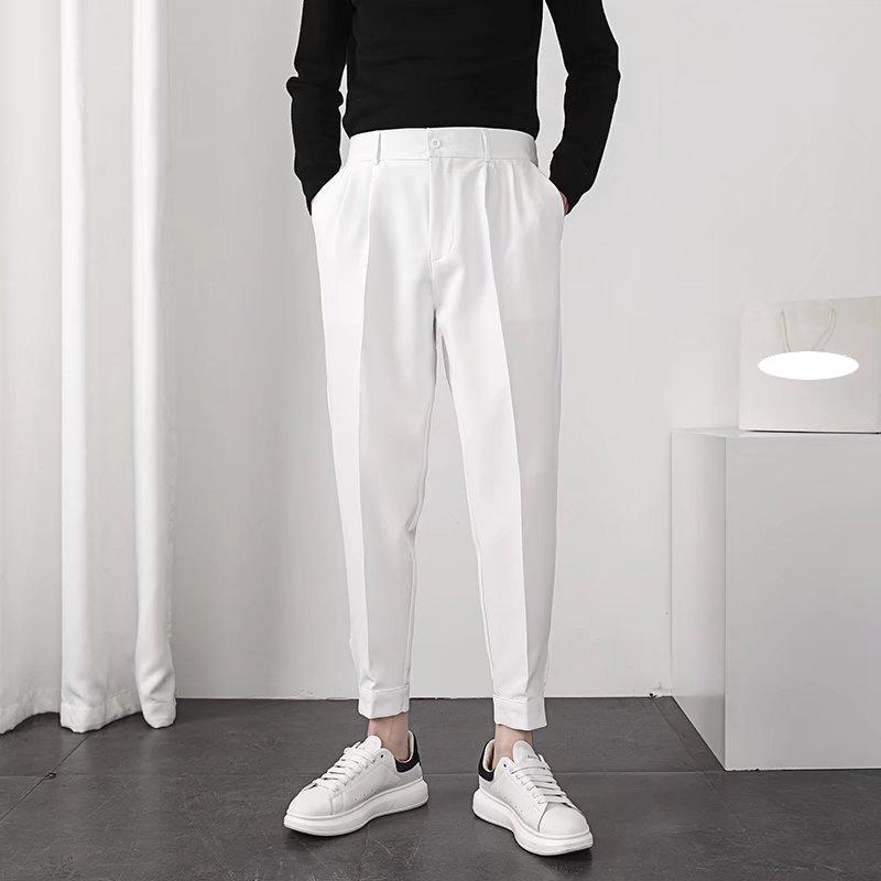 

Модные мужские повседневные брюки с эластичной резинкой на талии, тонкие узкие брюки в корейском стиле, плиссированные зауженные мужские брюки-блейзеры, брюки, уличная одежда 38 белый