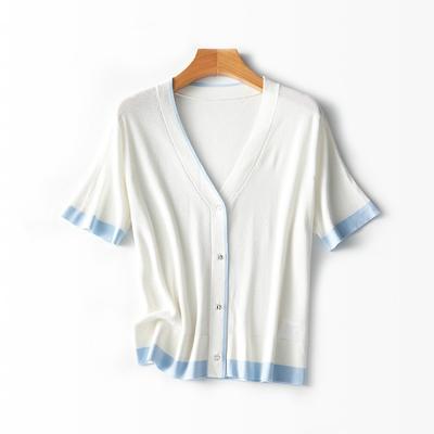 Skin-friendly Silk Contrasting Color Splicing Short-sleeved Cardigan Summer New Half-sleeved Casual Top