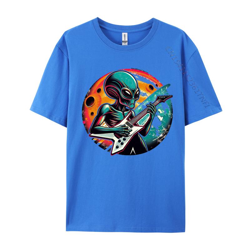 Retro Alien Guitar Rockstar Tshirt Funny T Shirt For Men Premium Cotton Autumn Tshirts Street Tops Shirt