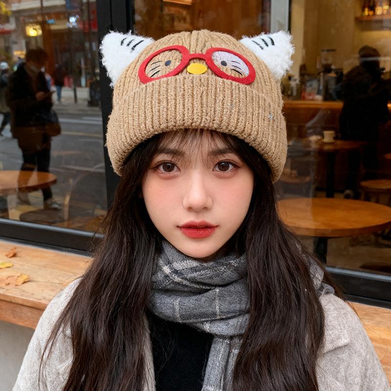 New Cute Glasses Cat Ears Hat for Women Autumn and Winter Warm Ear Protection Knitted Hat Showing Face Small Woolen Cold Hat
