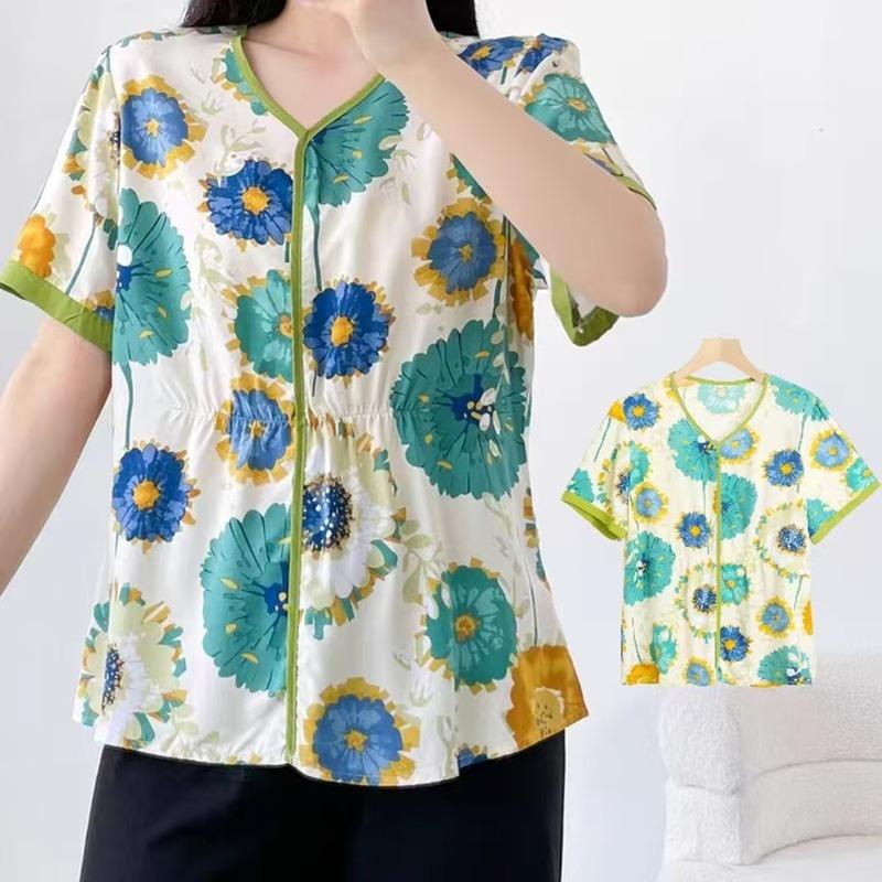 

Женская материнская футболка с V-образным вырезом и коротким рукавом, летняя, тонкая секция из хлопка, можно носить свободно, вискозная рубашка с цветочным принтом, блузка 5XL
