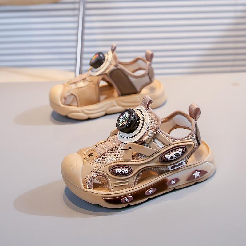 

Сандалии для мальчиков, модная детская летняя обувь, с защитой от ударов, вращающимися кнопками, вырезами, полыми, детские пляжные сандалии 26-37, мягкие 26 хаки