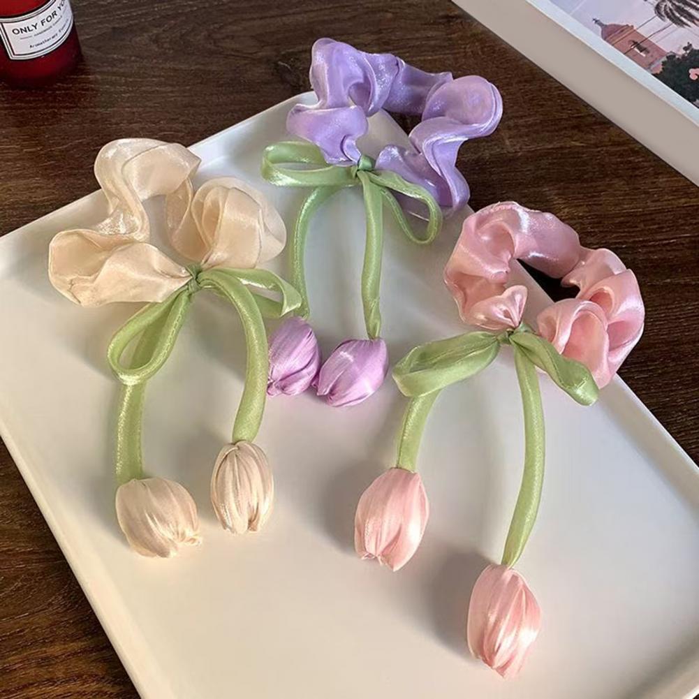 Hair Tie Chiffon Organza Fabric High Elasticity Tulip Flower Design Hair Rope with Streamers Ponytail Bun Hair Accessories