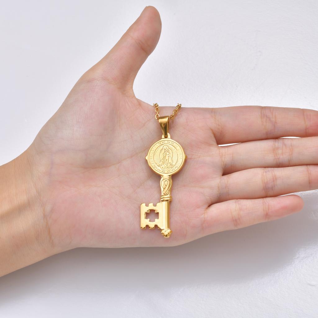 Vnox Stainless Steel Virgin Mary Pendant Key Necklace for Men Women, Gold Color Catholic Religious Saint Benedict Jewelry Gifts