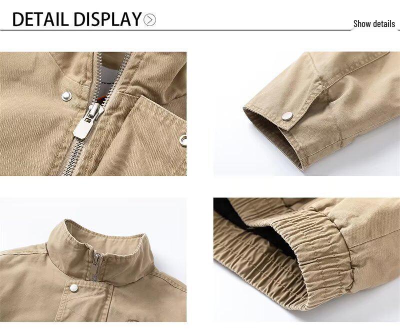 American Retro Patchwork Stand Collar Workwear Jacket - Trendy, Loose-Fit, Unisex, Casual Outerwear