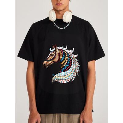 Unisex T-Shirt Weißer Pferdekopf mit buntem Stammesmuster-Druck Freizeitkleidung für Männer und Frauen