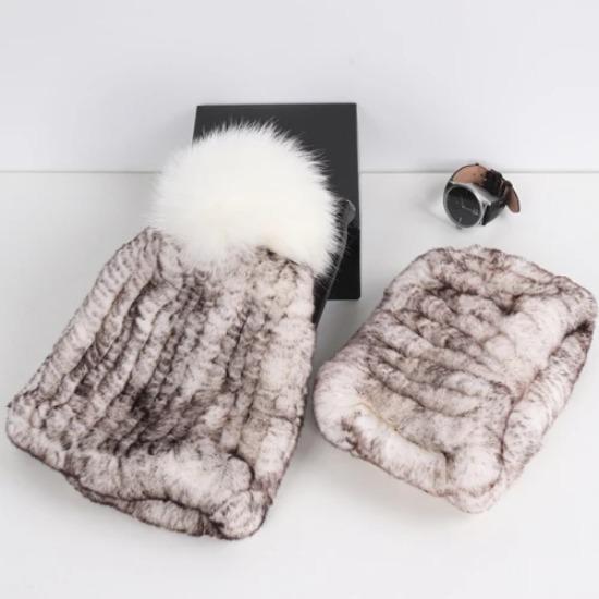 New Fashion Knitted Good Elastic Real Fur Scarf Hat Sets Women Winter Warm Natural Rex Rabbit Fur Scarves Hats Sets