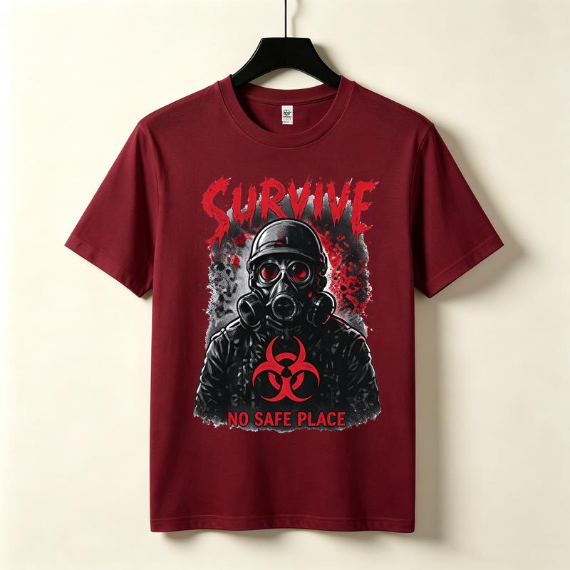 Survive Gas Mask Biohazard Tshirt Zombie Apocalypse Horror Graphic Dark Grunge Streetwear Black White Navy Casual Top Harajuku