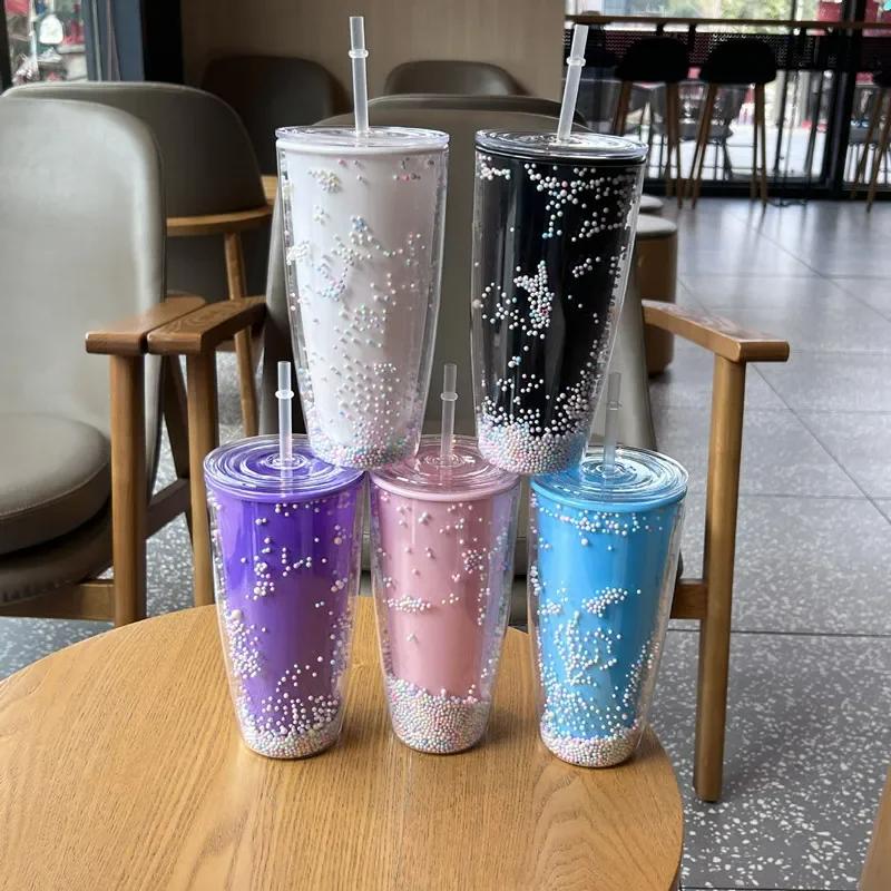780ml Large Straw Tumbler Cute Kawaii Macaron Bubbles Cups with Straws Double Wall Plastic Water Bottle Drinkware for Girl Women