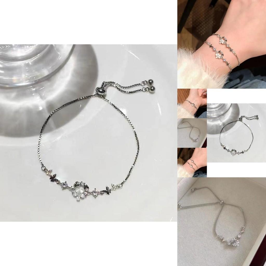 Minimalist Women's Silver Bracelet With Delicate Flower And Butterfly Elements