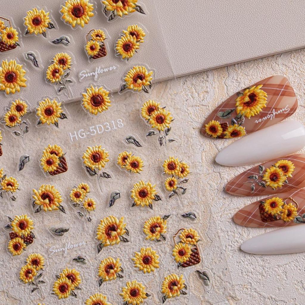 5D Embossed Sunflower Bee Nail Stickers - Three-Dimensional Embroidery Style