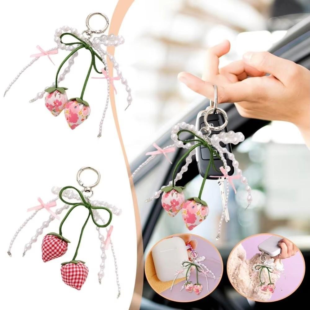 New Ribbon Pearl Strawberry Bow Keychain DIY Jewelry Style Mobile Phone Pendant Bag Charm Pendant Mobile Phone Chain