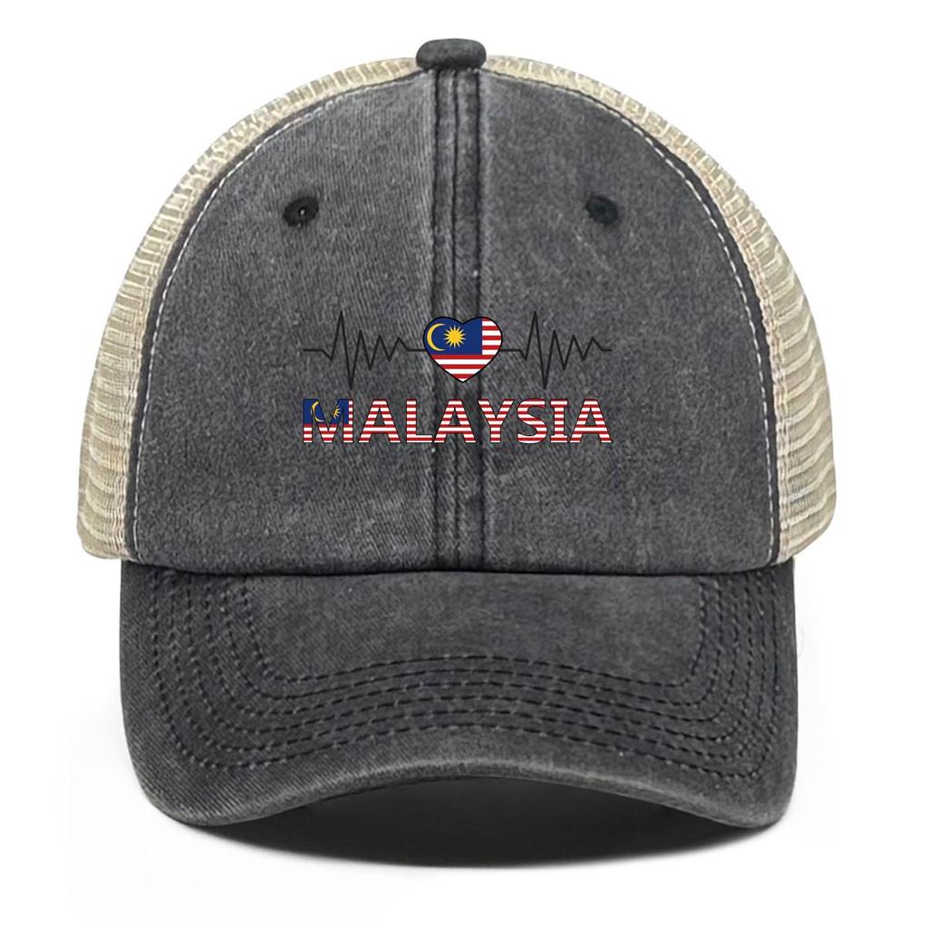 Heart Wave Malaysia Flag Print Snapback Baseball Hat, Patriotic Flat Cap Raw Brim Lightweight Distressed Adjustable Strap Snapback Baseball Cap