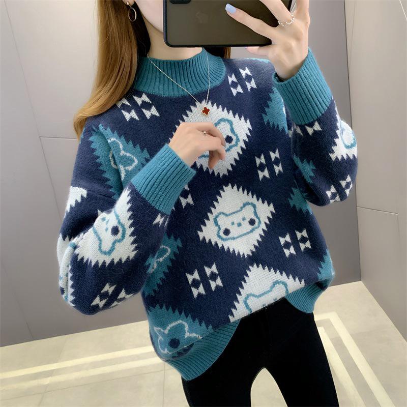 2024 Damenmode: Verdickter Jacquard-Lockerstrickpullover mit halbohem Kragen für Herbst und Winter