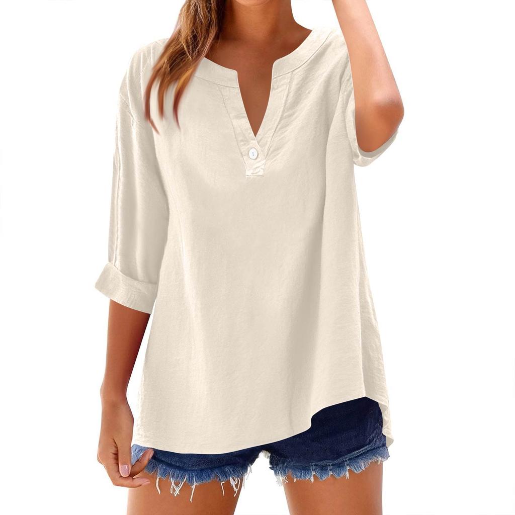 Dámská móda Volný stojáček Knoflík Bavlna Len Sedmirukávový Top