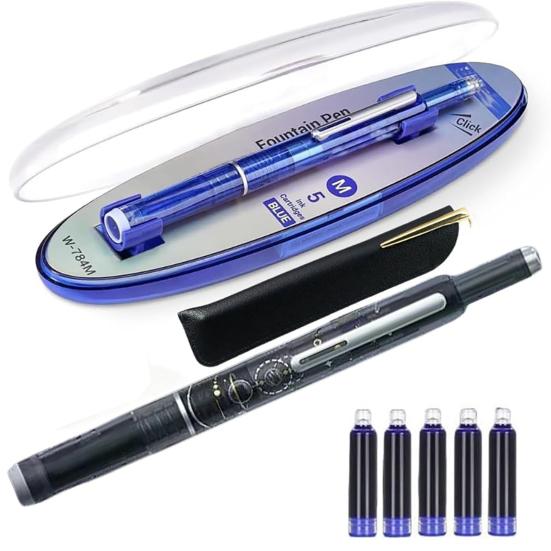 Fountain Pen Retractable 0.38mm Blue Ink Transparent Barrel Fine Nib Fountain Pen
