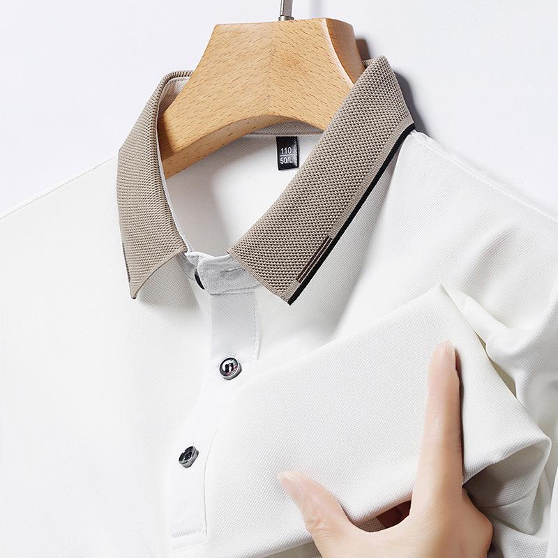 

Высококачественная красивая однотонная мужская рубашка поло с короткими рукавами и лацканами из дышащего делового тонкого ледяного шелка L