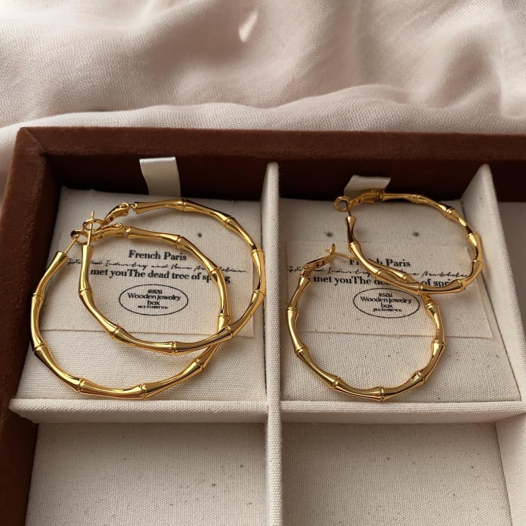 Golden Ring Bamboo Outline Ear Buckle Earrings, Personalized High-Grade Metal Temperament, Natural Fine Retro Light Luxury
