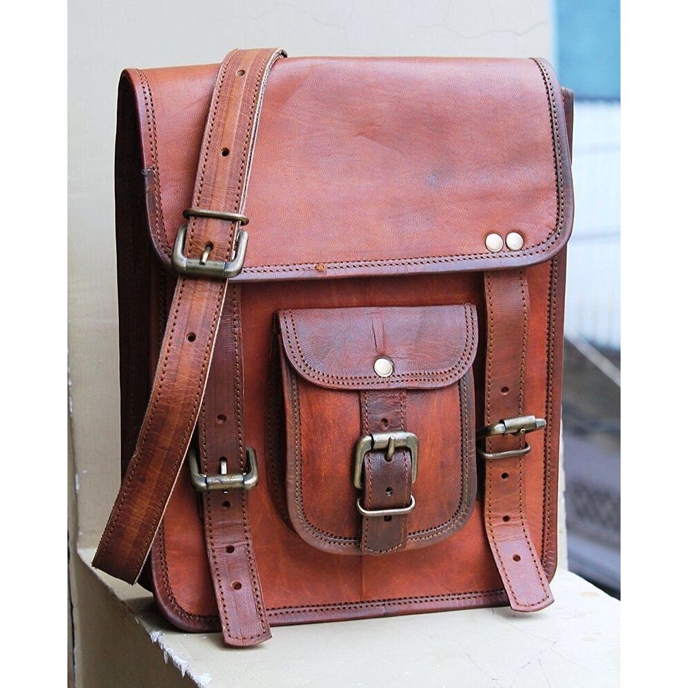 

Сумка через плечо из натуральной козьей кожи для ноутбука ручной работы 11 x 15 x 4 in коричневый