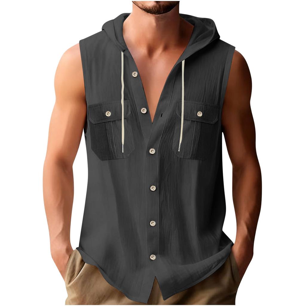 Men's Sports Casual Sleeveless Cotton Linen Hooded Loose Beach T-Shirt