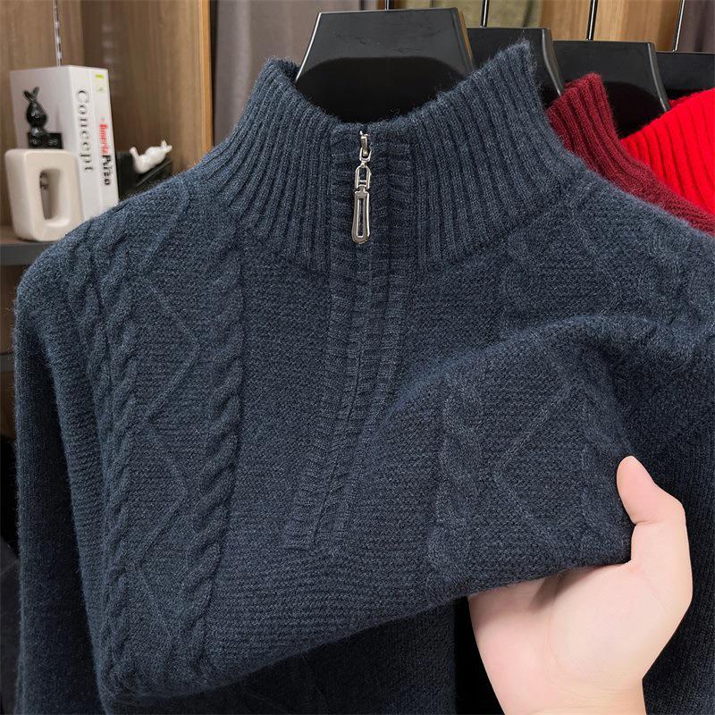 Men s Winter Thick Knit Half-Zip Sweater with Stand-up Collar L