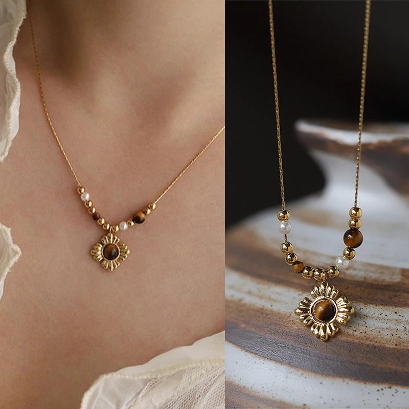 Maillard Style Brown Flower Pendant Tiger Eye Stone Bead Chain Necklace for Women Fashion Charm Chokers Collar Chic Cast Jewelry