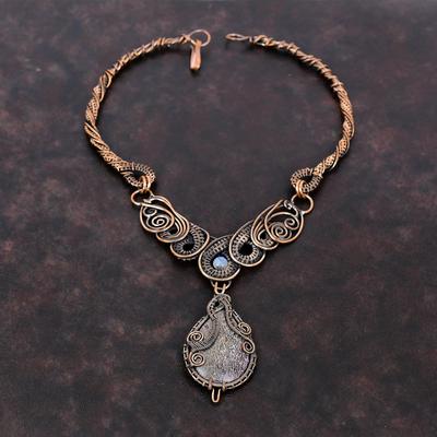 Dinosaur Bone Gemstone Necklace Copper Wire Wrapped Necklace Copper Jewelry Moonstone Necklace Anniversary Gift Handmade Wire Wrap Jewelry