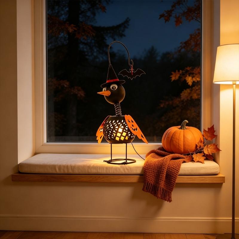 Iron Crow Halloween Decors Metal Lantern Tealight Candle Holder Figurine Witch Hat Pumpkin Wing Bat Accent