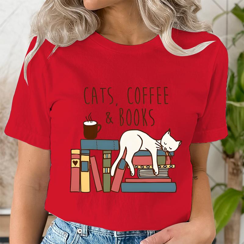 Cats Coffee Books Women Cute Bookworm TShirts Funny Book Lover T Shirt Vintage Reading Graphic Tees Female Bookish Tops Tshirt