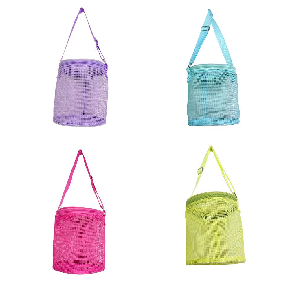 Bolsa de Malha para Crianças com Conchas Tote Cilindro Sacos para Coletar Conchas Bolsa de Brinquedos de Praia com Zíperes Alças de Transporte Ajustáveis