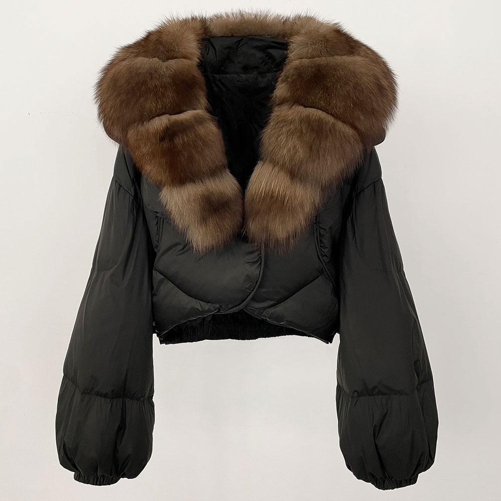 OFTBUY Jachetă de lux îngroșată și caldă de puf, la modă de iarnă, 90% puf de rață alb, haină scurtă pentru femei, cu guler de blană supradimensionat