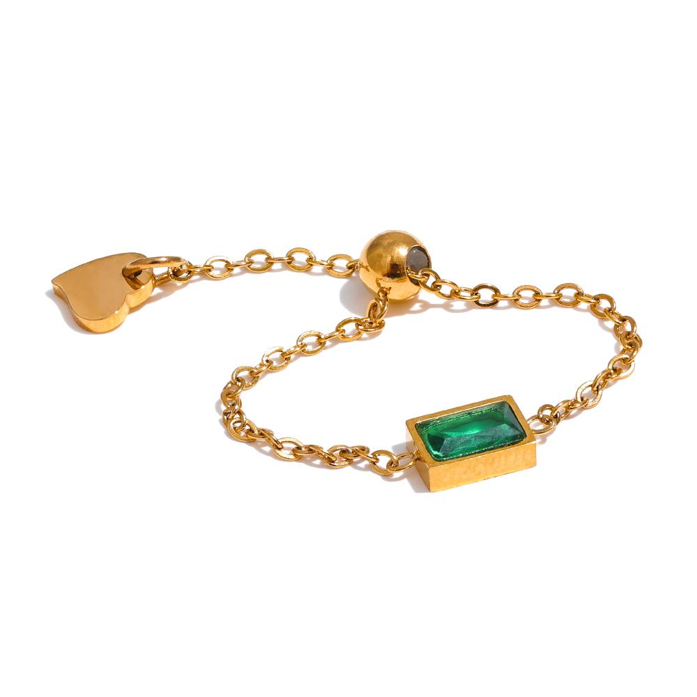Yhpup Exquisite Green Cubic Zirconia Chain Adjustable Golden Ring Delicate Stainless Steel Fashion Jewelry for Women