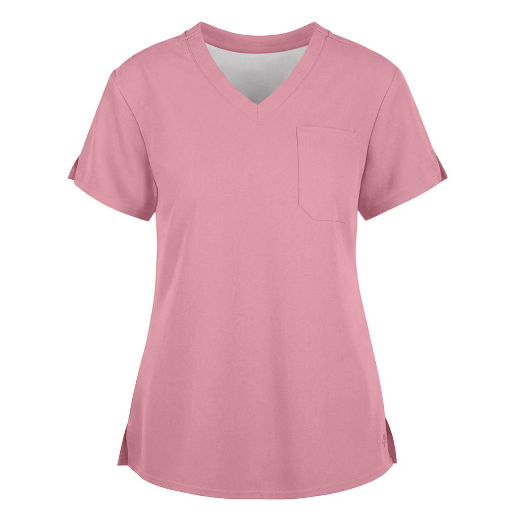 Women's Fashionable Loose-Fit Short-Sleeve V-Neck Workwear Blouse With Slit And Pockets