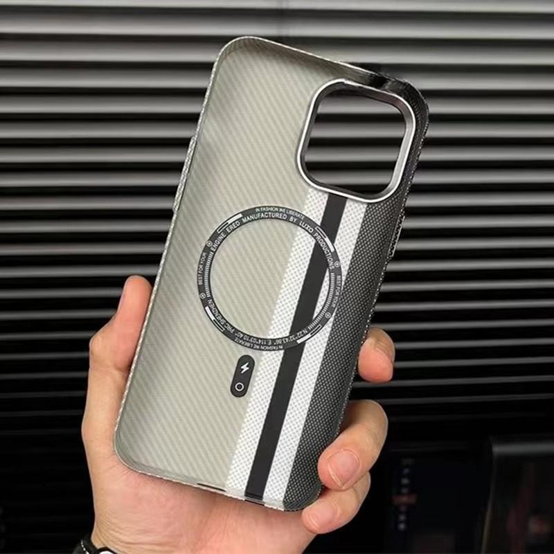 New Carbon Fibre Wireless Charging MagSafe Phone Case for iPhone 14 15 16 Pro Max 15Pro 13 12 Alloy Lens Hit Color Hard PC Armor Cover