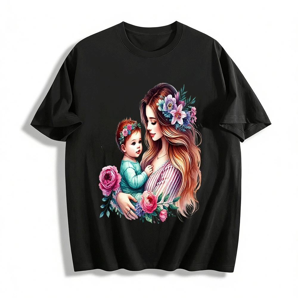 Mother And Child Love Print Casual Adult Top Pure cotton T-shirt XXS