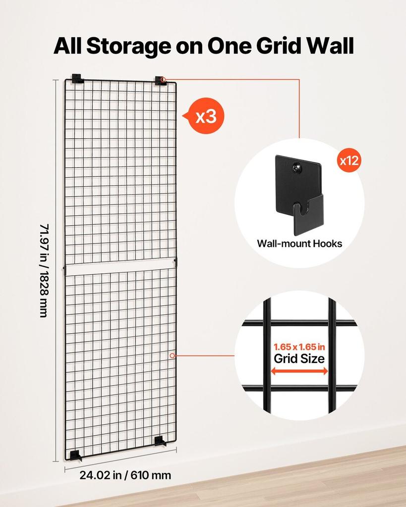 3 Packungen Gitterwandpaneele, 610 x 1828 mm Drahtgitterpaneele Displayständer, Wandmontiertes Kunst-Display-Regal, Schwarzes Kohlenstoffstahl-Wand-Gridwall für