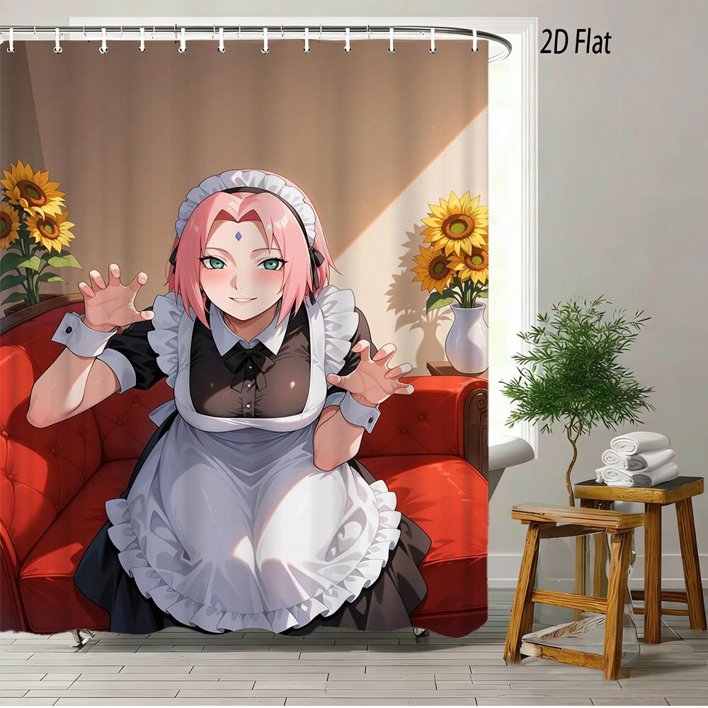 2D Flat Naruto Anime Hinata Hyuga Byakugan Yoga Pose Print Waterproof Shower Curtain For Bathroom Decor