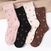 4 Pairs Japanese Style Women Cotton Socks Floral Knitted Mid Calf Crew Socks Ruffle Lace Trim Sweet Cozy Breathable Stockings