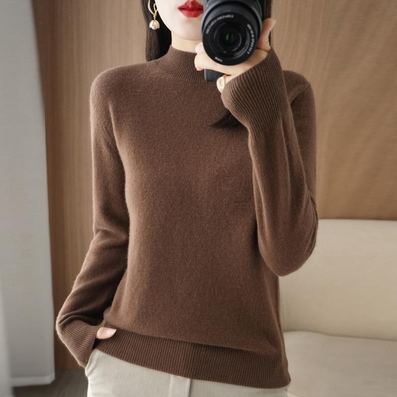 Autumn Winter Sweater Women's Korean Slim Pullover Sweater Half High Neck Knitted Sweater Short Style Solid Color Base Sweater Casual Sweater