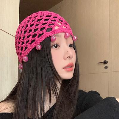 Solid Color Versatile Handmade Hollow Crocheted Knitted Hat For Women Girls Personalized Beaded Design Mountaineering Scarf