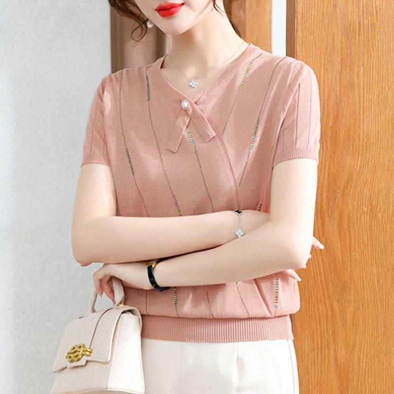 Ice Silk Short Sleeved Women's Knitted T-shirt Mom Summer T-shirt Loose and Thin Small Top