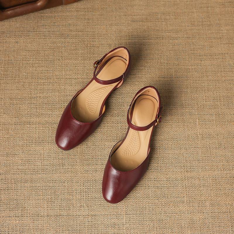 Krazing Pot Cow Skin Round Toe Low Heels Summer Shoes Big Size 42 Ankle Straps Women Pumps
