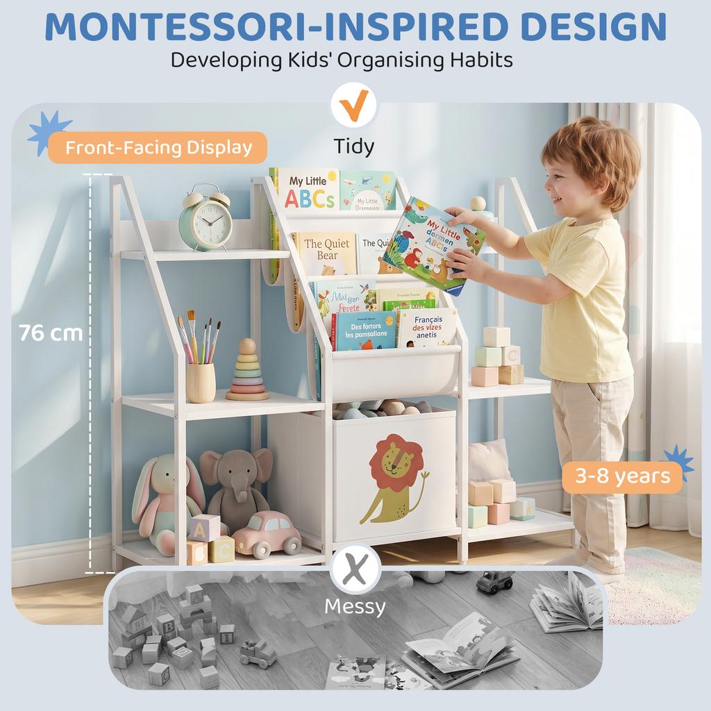 Kids Bookshelf and Toy Storage 3-Tier Sling Book Rack, White