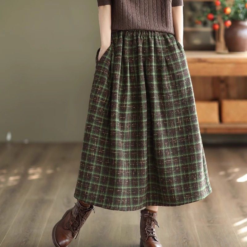 Retro Zesílená Dámská Podzimní Zimní High-End Vlněná Kostkovaná Midi Sukně Slim-Fit