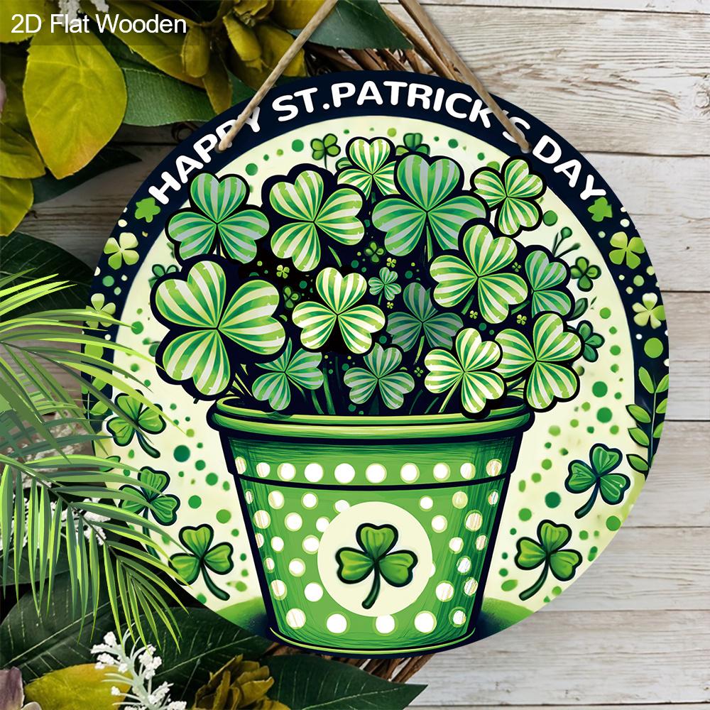 Rustic Wooden Sign with  Shamrock Lucky Clover Pattern, Round Sign for Front Door, Wall Hanging Decor - Ideal St Patricks Day Gift for Family & Friend