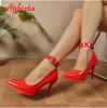 Aphixta Metal Belt Buckle Strap Pimp Red Black 10cm Stiletto Heels Pumps Women Party Shoes Rivets Pointed Toe Size 48 49 50