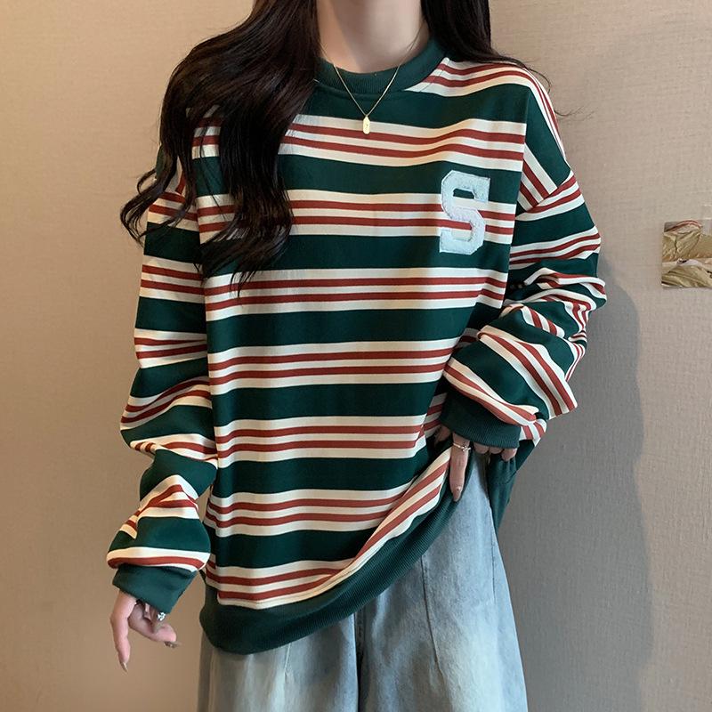 Women's Fleece Lined Color-Block Striped Sweatshirt, Korean Style, Autumn/Winter 2023, Loose Fit, Round Neck with Letter Towel Embroidery