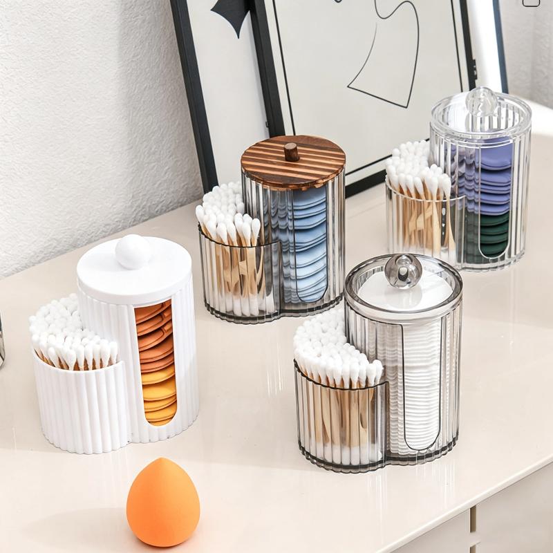 Makeup Pad Storage Holder with Lid Waterproof Cotton Swab Organizer Durable Plastic Bathroom Canister for Countertop Vanity Storage